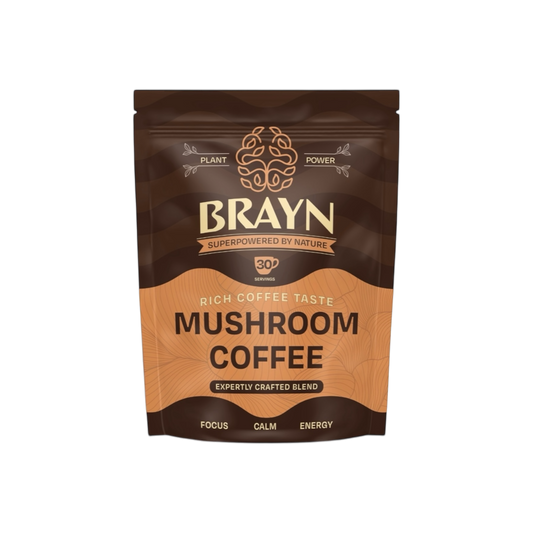 Packaging of Brayn Mushroom Coffee with the tagline 'Rich Coffee Taste. Mushroom Coffee.