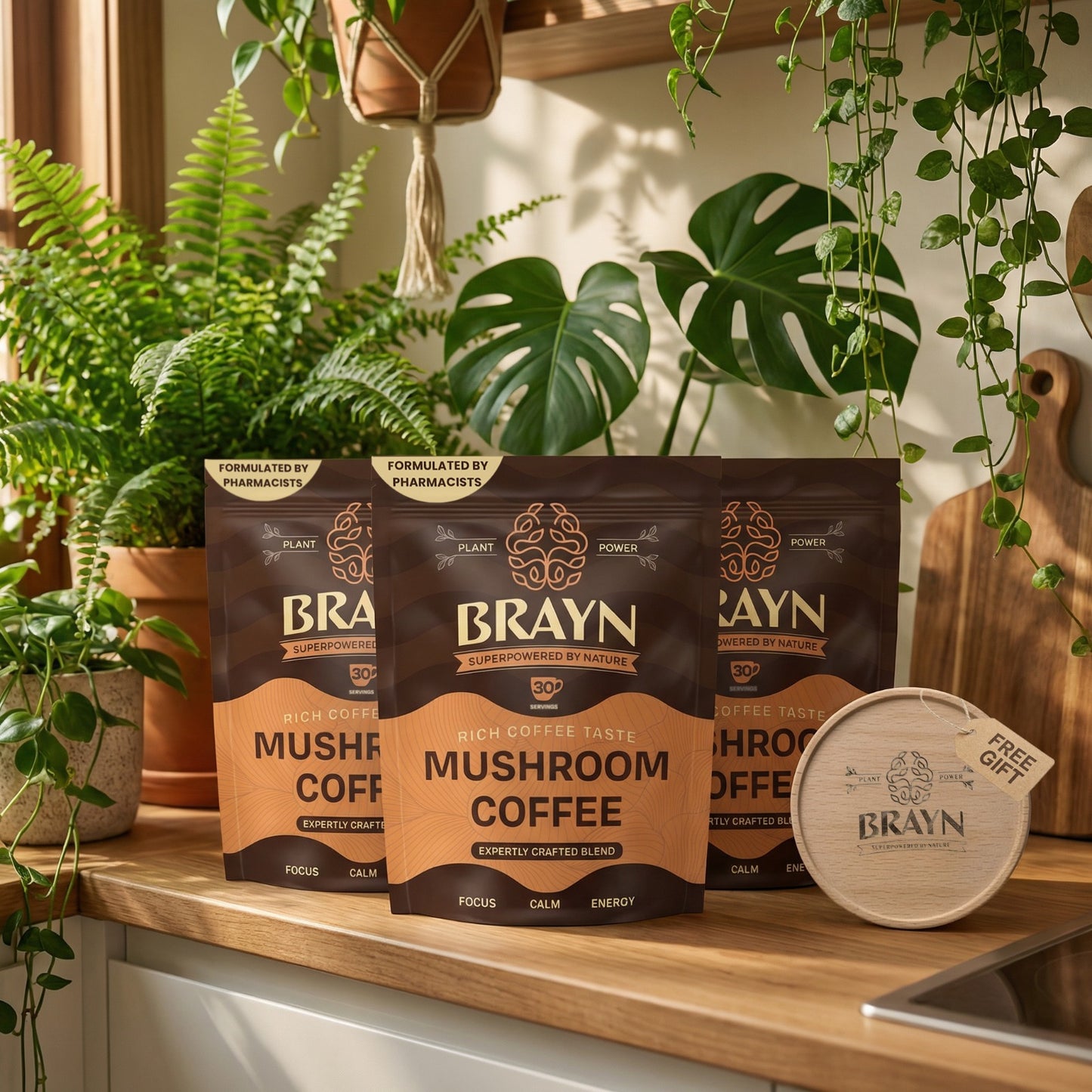 Brayn Mushroom Coffee packages on a kitchen counter with plants in the background