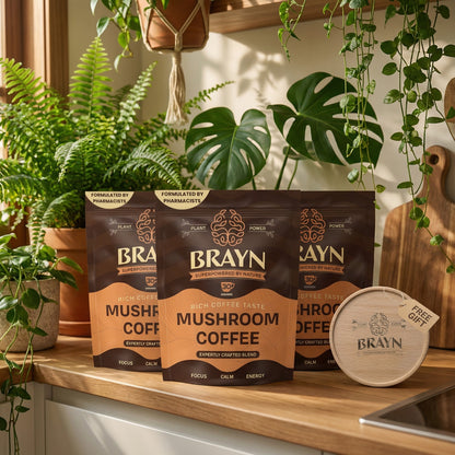 Brayn Mushroom Coffee packages on a kitchen counter with plants in the background