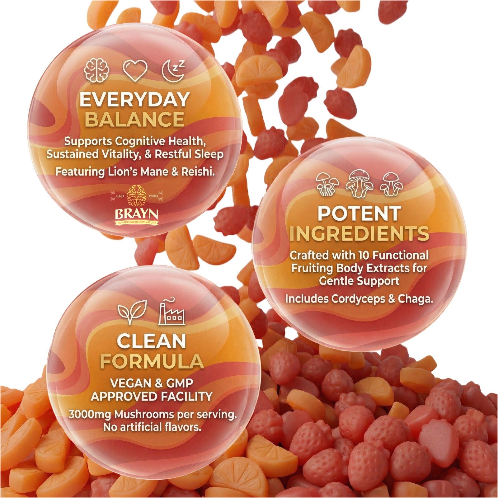Three round product containers with text on a background of dried fruits and mushrooms.