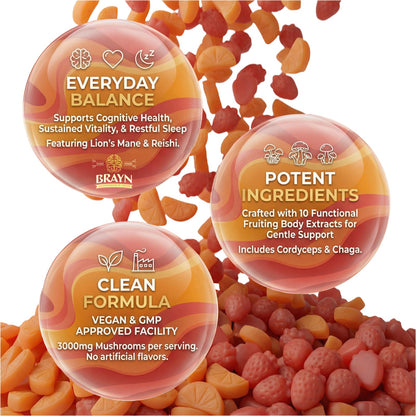 Three round product containers with text on a background of dried fruits and mushrooms.