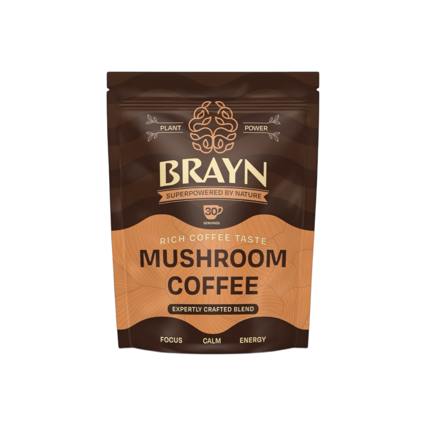 Packaging of Brayn Mushroom Coffee with the tagline 'Rich Coffee Taste. Mushroom Coffee.