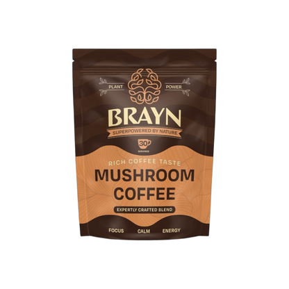 Packaging of Brayn Mushroom Coffee with the tagline 'Rich Coffee Taste. Mushroom Coffee.