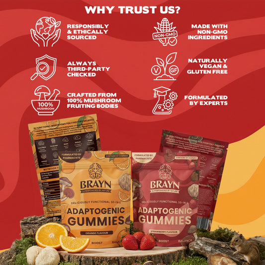 Brawn Adaptogenic Gummies packaging with certification icons and text on a red background