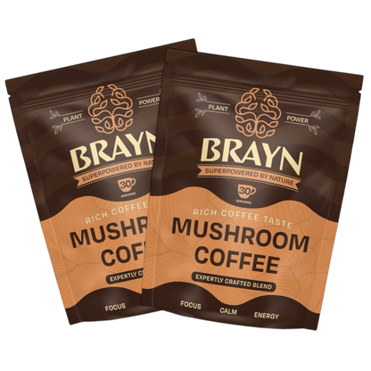 Packaging of Brayn Mushroom Coffee with the tagline 'Rich Coffee Taste. Mushroom Coffee.