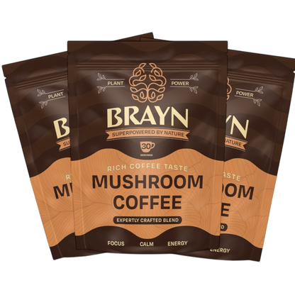 Packaging of Brayn Mushroom Coffee with the tagline 'Rich Coffee Taste. Mushroom Coffee.