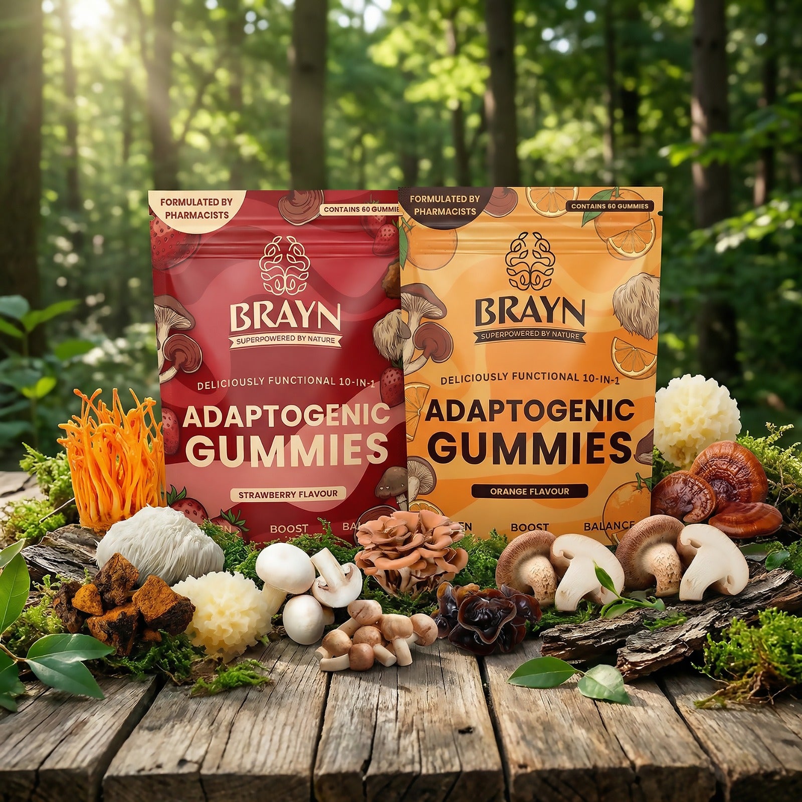 Two packages of Brayan Adaptogenic Gummies on a wooden surface with natural elements in a forest setting.