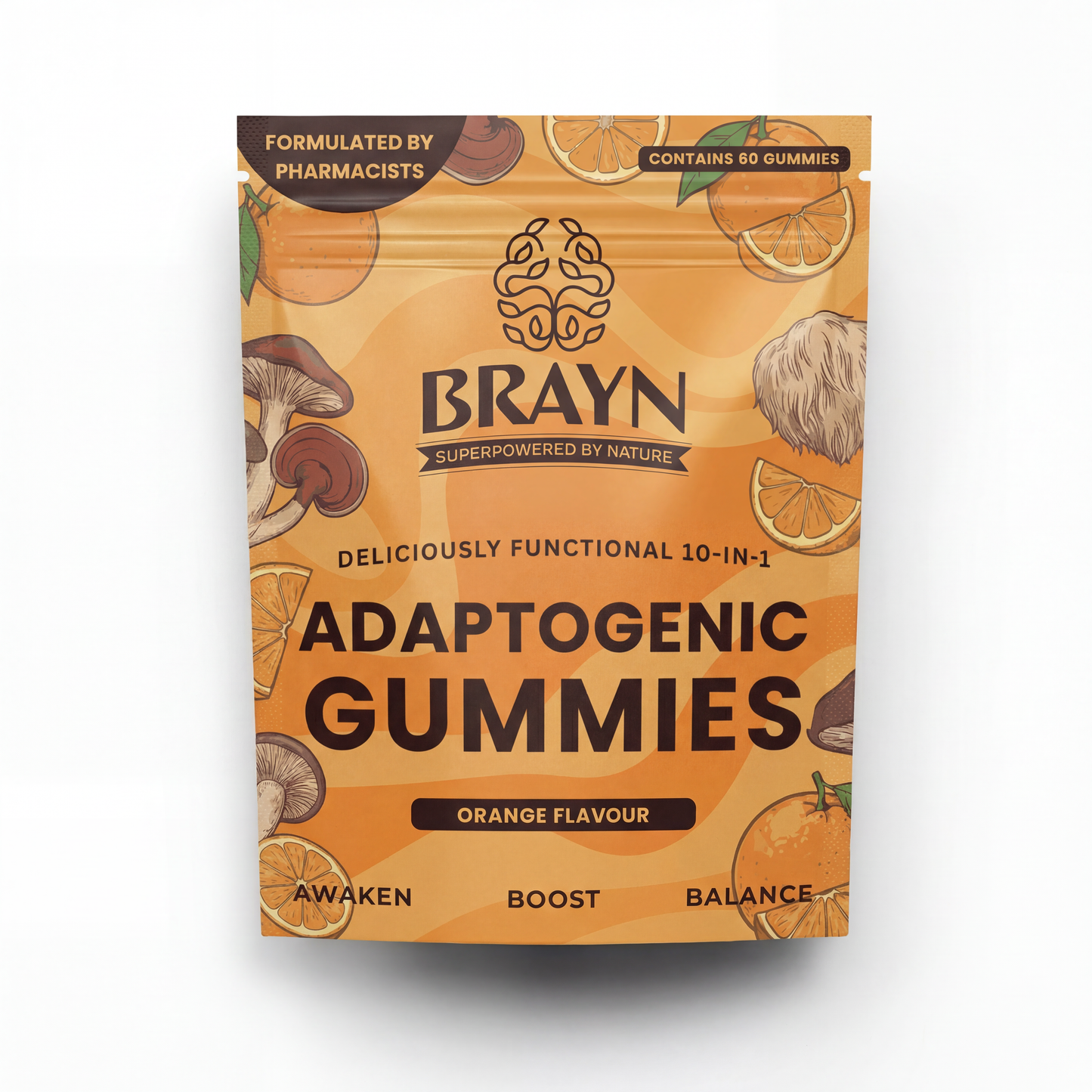 Package of BRAYN Adaptogenic Gummies with orange flavor on a white background