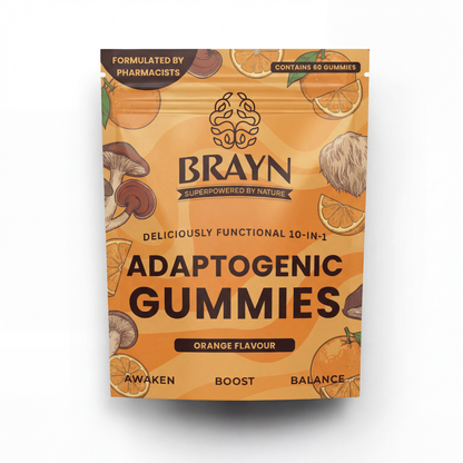 Package of BRAYN Adaptogenic Gummies with orange flavor on a white background