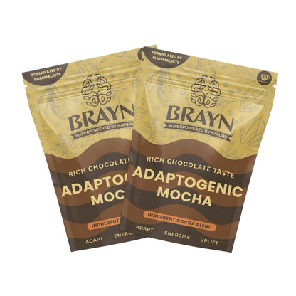 Two packages of BRAYN Adaptogenic Mocha on a white background
