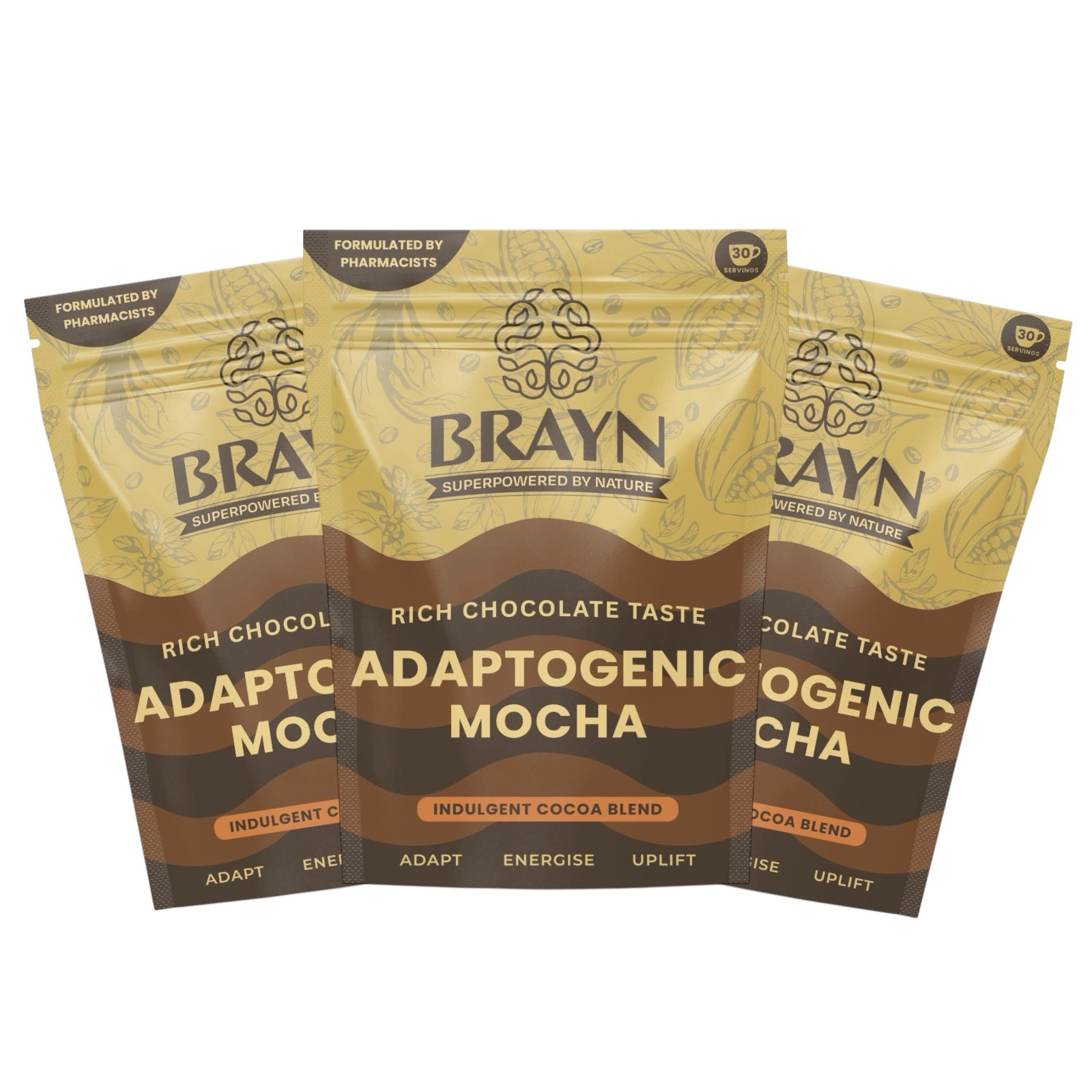Three packages of BRAYN Adaptogenic Mocha on a white background