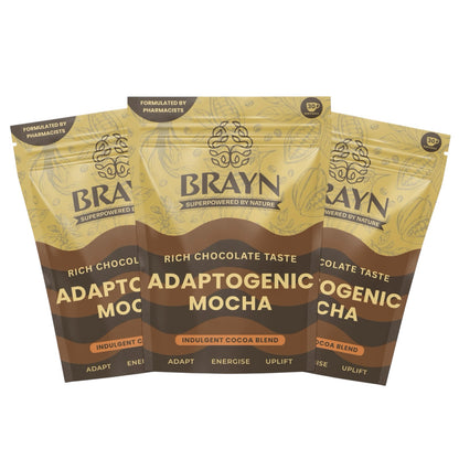 Three packages of BRAYN Adaptogenic Mocha on a white background