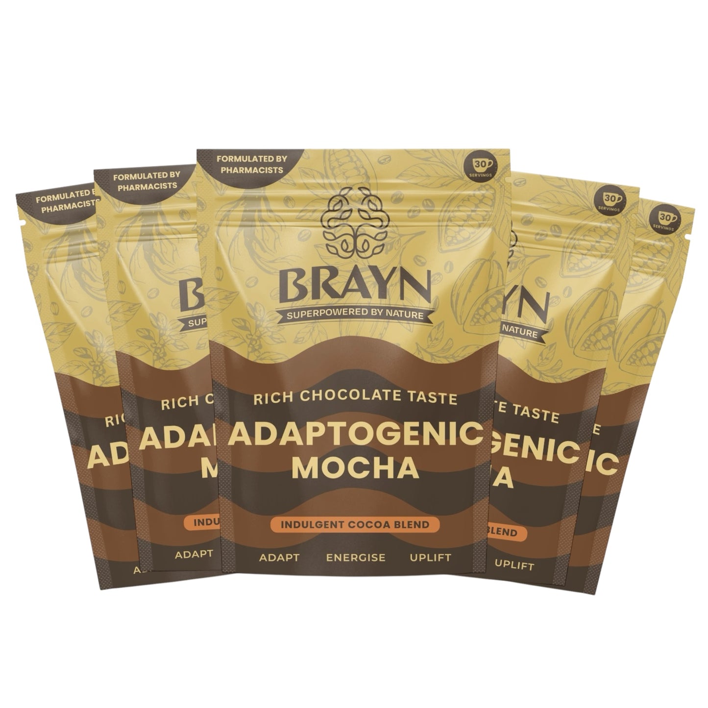 Three packages of BRAYN Adaptogenic Mocha on a white background