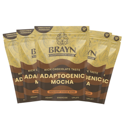 Three packages of BRAYN Adaptogenic Mocha on a white background