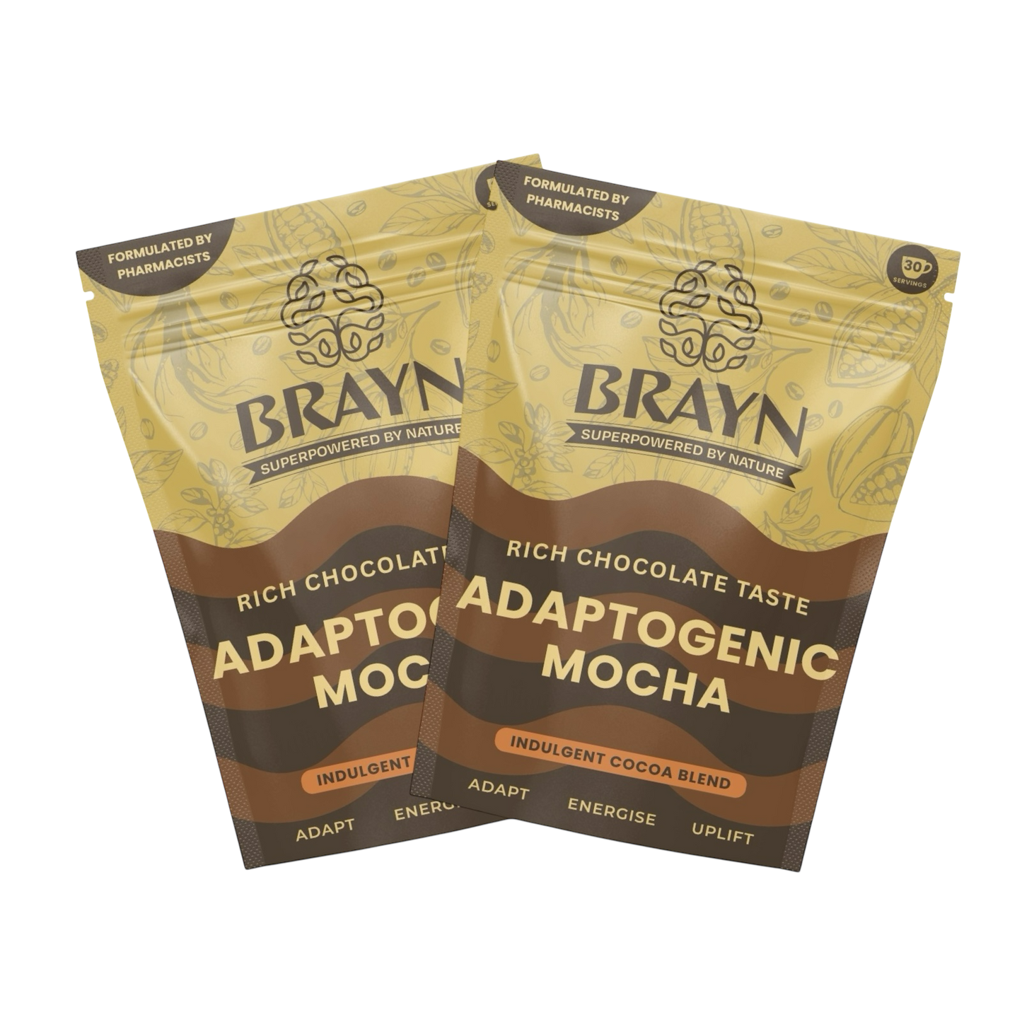 Two packages of BRAYN Adaptogenic Mocha on a white background