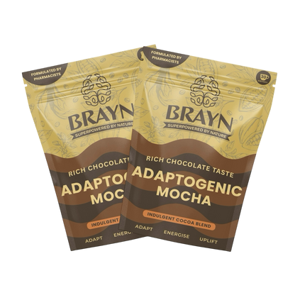 Two packages of BRAYN Adaptogenic Mocha on a white background