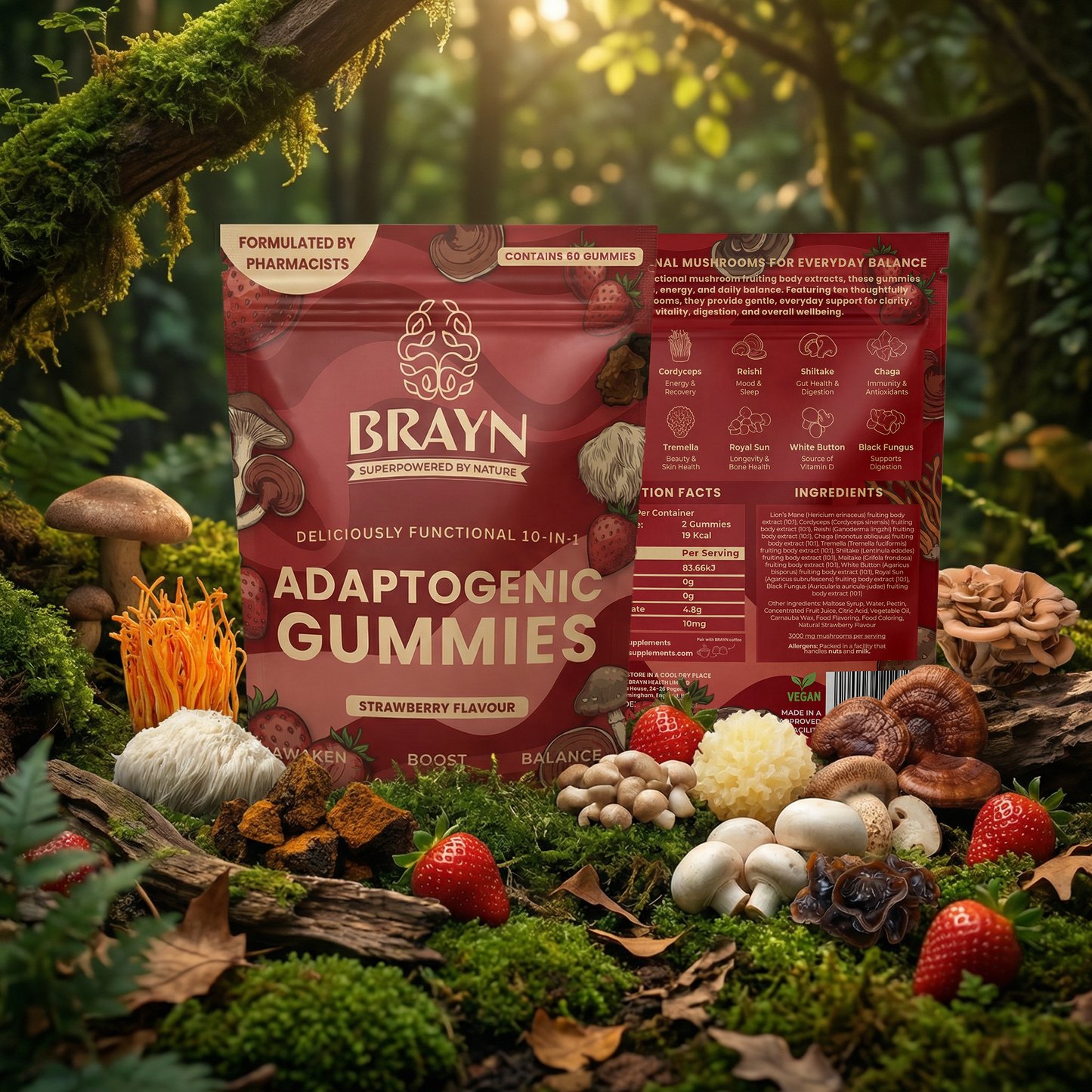 Brawn Adaptogenic Gummies packaging surrounded by mushrooms and berries in a forest setting