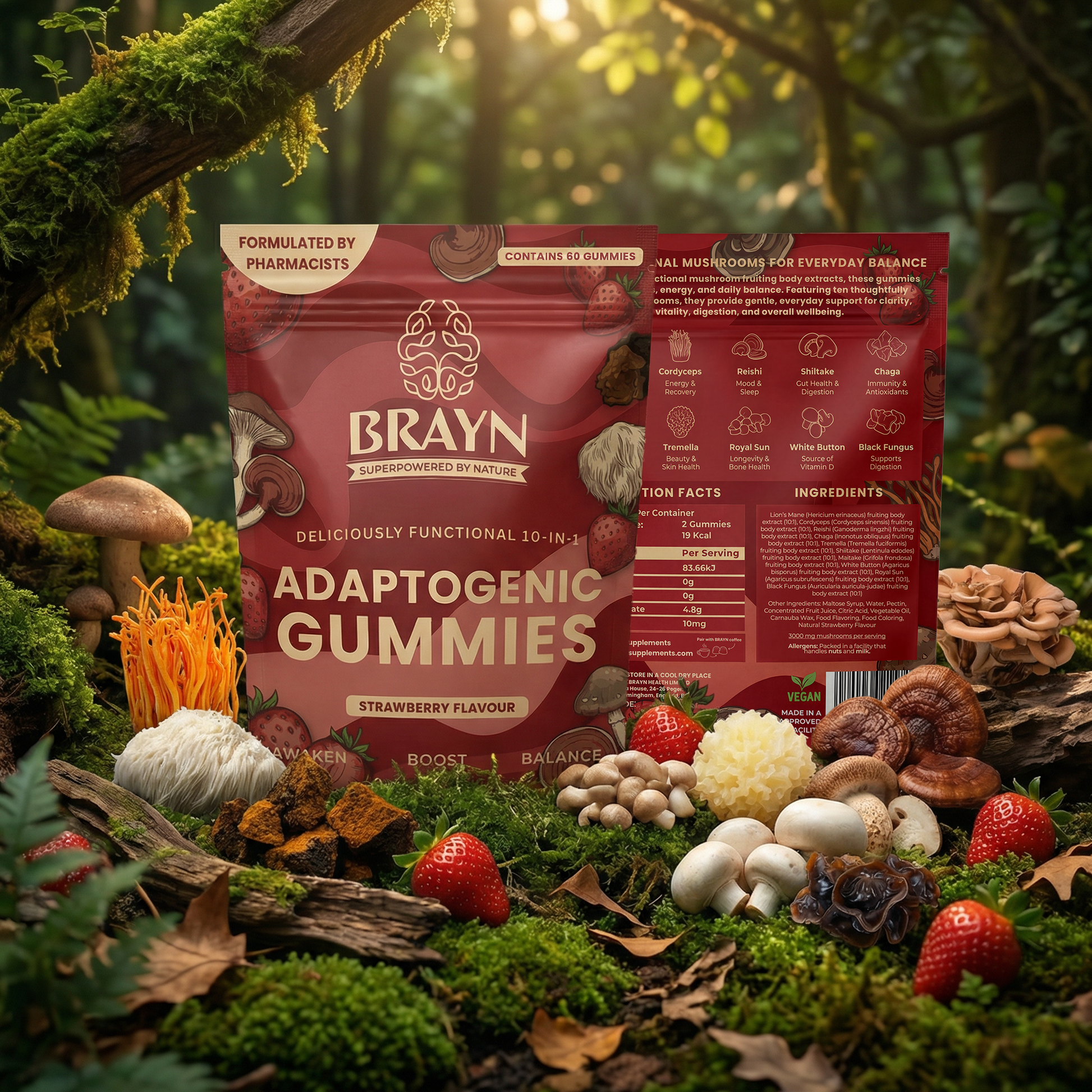 Brawn Adaptogenic Gummies packaging surrounded by mushrooms and berries in a forest setting