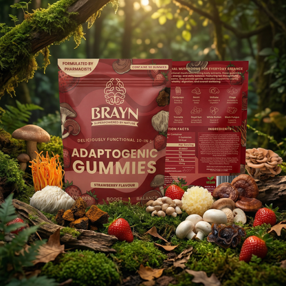 Brawn Adaptogenic Gummies packaging surrounded by mushrooms and berries in a forest setting